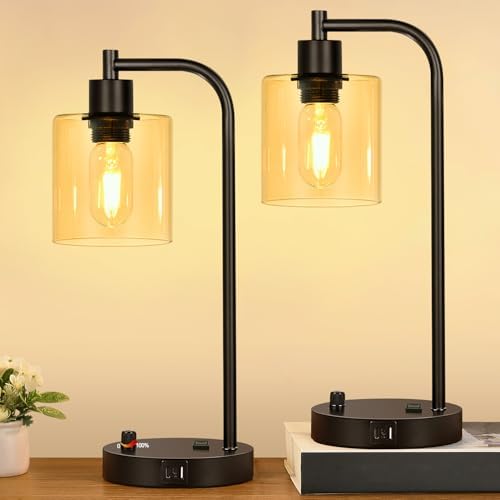 Lynnoland Set of 2 Industrial Table Lamps with USB C+A Ports and Outlet, Black Nightstand Lamps with Amber Glass Shade for Reading Living Room Office (2 LED Bulb)