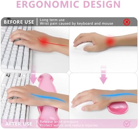 Gel Keyboard and Mouse Wrist Rest, Cute Wrist Support and Arm Support Keyboard Rest for Keyboard and Mouse Typing Pain Relief，Suitable for Office/Computer/Laptop/Gaming (Transparent Pink Set)
