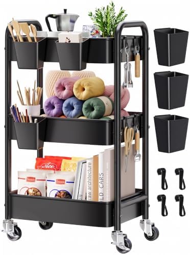 3 Tier Rolling Cart Metal with Wheels,Black Three Tiered Dorm Storage Carts