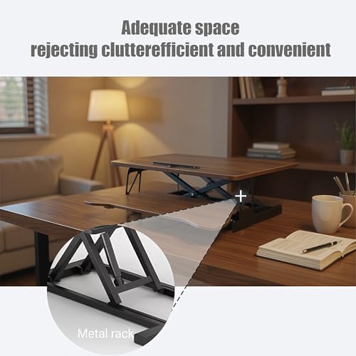 32 Inch Desk Converter, Height Adjustable Sit to Stand Riser, Dual Monitor and Laptop Workstation with Wide Keyboard Tray (Walnut)