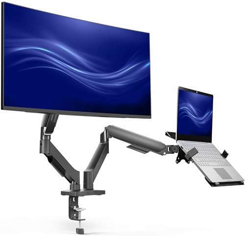 VIVO Universal Adjustable Monitor and Laptop Desk Mount, 17 to 32 inch Monitors, 10 to 15.6 inch Laptops, Dual Mechanical Arm VESA Notebook Stand with C-clamp and Grommet Options, Black, STAND-V002O-L