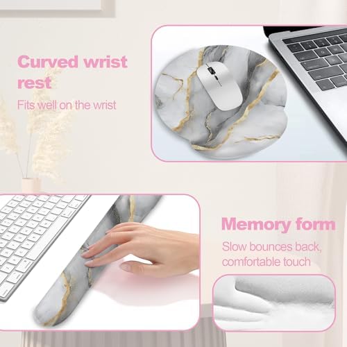 Gray White Gold Marble Keyboard Wrist Rest Pad Mouse Pad Set,Ergonomic Mousepad Wrist Support Memory Foam Desk Pad for Gaming Office,Non-Slip Rubber Base Easy Typing for Home Office Computers