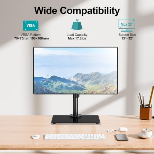 MOUNT PRO Single Monitor Stand Fits Max 32 inch Screen, Free-Standing Computer Desk Stand, Display Mount with Height Adjustable, Swivel, Tilt, Rotation, VESA Monitor Stand 100x100