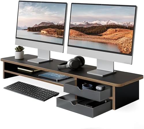 Fenge Monitor Stand, Desk Computer Riser with Frosted Storage Drawer, Black