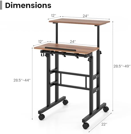Tangkula Mobile Standing Desk, Height-Adjustable Laptop Podium Cart with Tilting Tabletop & Adjustable Angle, Rolling Stand Up Computer Desk with 2 Hanging Hooks & Lockable Casters for Home Office