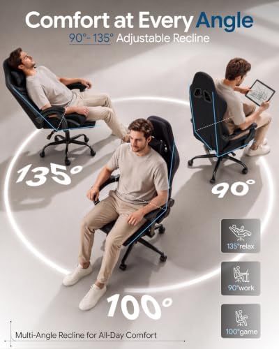 Ergonomic Gaming Chair with Footrest for Adults, Leather Mesh Black