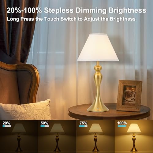 Cordless Table Lamp Rechargeable, Battery Night Light Fabric Shade, Brass