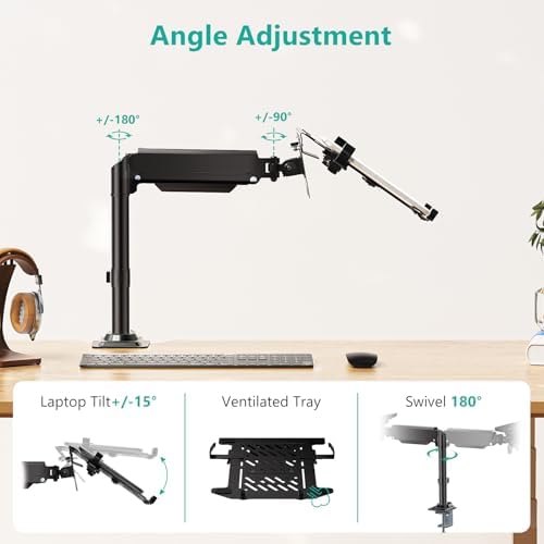 WALI Laptop Desk Mount for 15.6 inch Notebook, Fully Adjustable Single Monitor Arm with Laptop Holder for 32 inch Screen, Laptops Stand with Ventilated Tray, Up to 22 Lbs, (GSDM00LP), Black