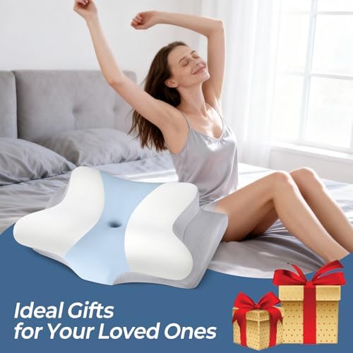 Cervical Pillow for Neck Pain Relief, Ergonomic Neck Pillow for Sleeping, Contour Side Sleeper Pillow for Neck Support, Orthopedic Cooling Memory Foam Pillows for Back Stomach Sleepers (White & Blue)
