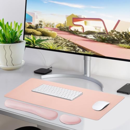 Bloss Pink Desk Mat and Keyboard Wrist Rest, Non-Slip Large Mouse Pad + Keyboard Pad + Mouse Wrist Support, Computer Mat Protector for Office, Home(27.6" x 13.8")