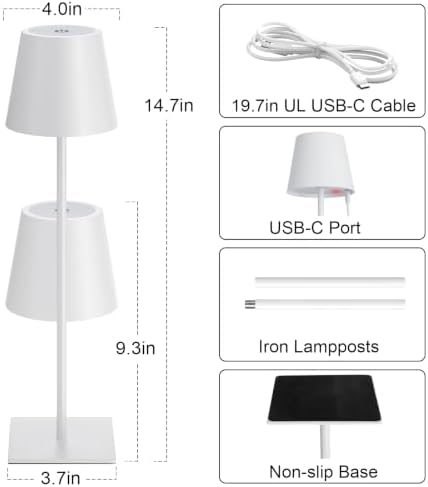 Kakanuo White Gold Cordless Rechargeable Table Lamp 5000mAh Battery Operated Lamps, 3 Colors Stepless Dimming Touch Lamp for Living Room, Kitchen Counter, Dining, Outdoor Patio, 2 Pack