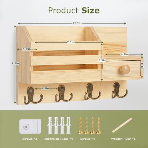 Key Holder Wall Mount, Wooden Key and Mail Organizer, Natural