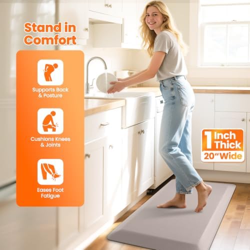 1-Inch Thick Anti-Fatigue Mat for Kitchen and Standing Desk, 20"x32", Khaki
