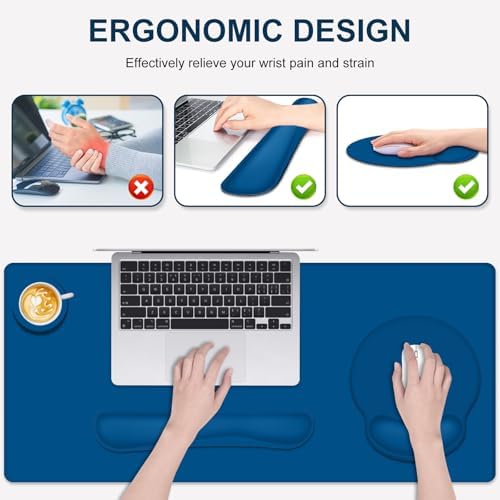 4 PCS Mouse Pad Desk Mat Protector, Keyboard Wrist Rest + Comfortable Mouse Pad with Wrist Rest +Coaster, Large Gaming Mousepad for Computer Laptop, 35.4"X 15.7" Deskpad for Office Home I Dark Blue