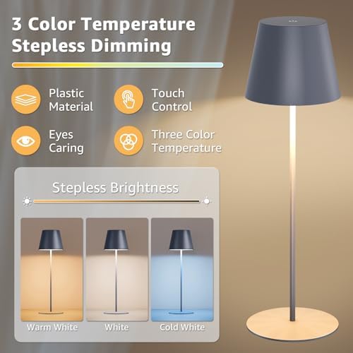 uuffoo 2 Pack Cordless Table Lamp Rechargeable 5000mAH Battery Operated Lights Touch Control LED Portable Desk Lamps 3 Color Dimming for Outdoor Coffee Bedroom Kitchen (Gray)