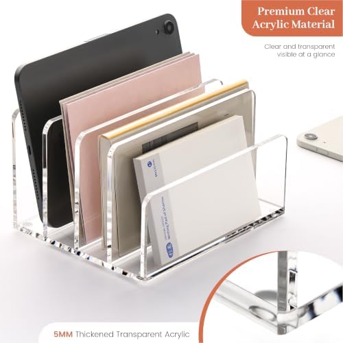 YUXUN Acrylic Mail Organizer, Clear Mail Holder-4 Compartments Mail Sorter, File Organizer for Desk, Office Accessories for Mail, Bills, Documents, Notebooks