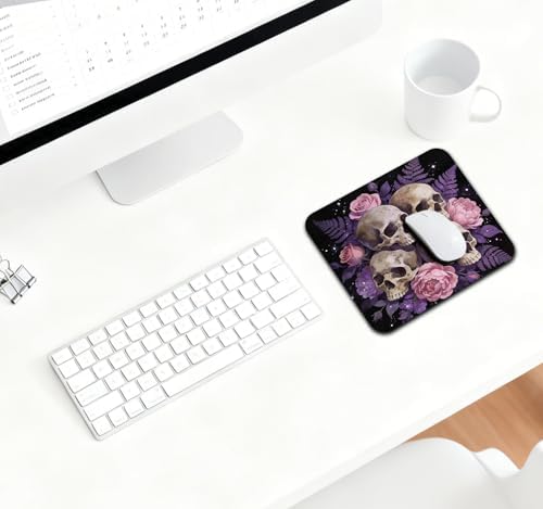 9.5x7.9 Inch Office/Gaming Mouse Pad, Vintage Pink Gothic Floral Skull Purple Black Design, Cute Anti-Slip Mat for Desk Decor