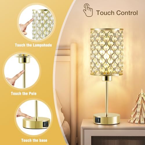 Crystal Table Lamp, Gold Touch Lamp with USB C+A Port, 3-Way Dimmable