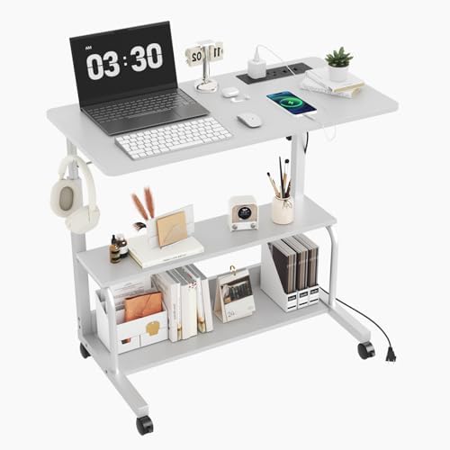 FCH 31.5" Mobile Small Standing Desk, Adjustable Height Mobile Computer Desk, w/2 AC Outlets + 3 USB Ports & Hooks, Storage Shelves, Suitable for Gaming, Studying, Home Office, White