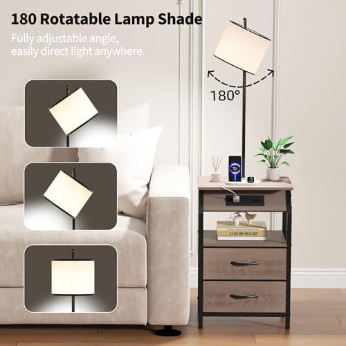 End Table with Floor Lamp, Nightstand with Charging Station, Floor Lamp Table with 3-Color Temperature Bulb, Bedside Table Night Stand with 2 Drawers for Bedroom, Living Room, Greige