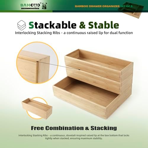 BAMOTTO CRAFTBAMBOO Stackable Bamboo Drawer Organizer Set of 5 for Kitchen