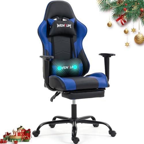 Gaming Chair with Footrest, Video Game Chair with Massage, PU Leather Computer Chair, Lumbar Support for Men Women, Home Office, Height Adjustable, Ergonomic High Back, Blue