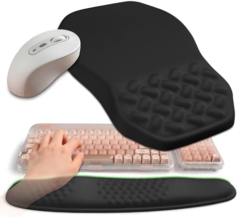2-in-1 Ergonomic Set, Wave Keyboard Wrist Rest and Massage Slope Mouse Pad Wrist Support, Rebound Memory Foam for Relieve Carpal Tunnel Syndrome and Wrist Pain (Black)