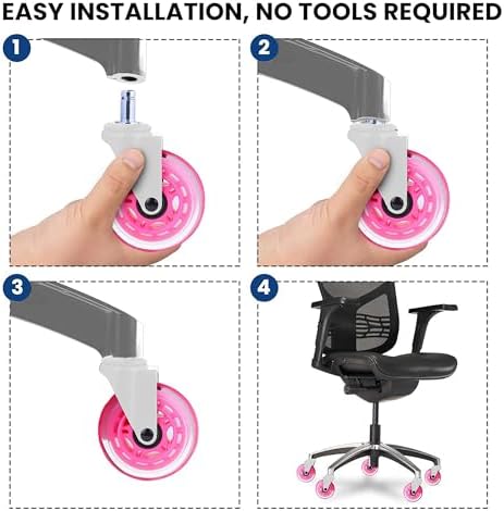 Office Chair Wheels - Set of 5 Rollerblade-Style Caster Wheels, Smooth & Quiet Rolling, Protects Hardwood Floors & Carpets, Universal Fit, Durable and Long-Lasting - Pink