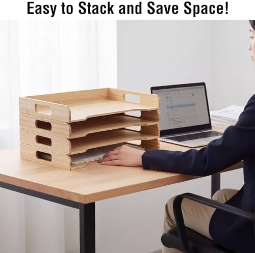Yinkin Wooden Stackable Paper Trays 4-Tier Wooden Paper Organizer for Desk Letter Documents Wood Desktop File Organizers for Desktop File Holder and Office Supplies Rack for Home Office Use (Natural)