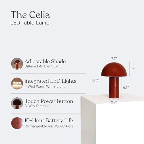 Brightech Celia Table Lamp – 10" Touch-Controlled Mushroom Accent Lamp, Cordless & Dimmable LED, Portable & Rechargeable Bedside Night Light, Sustainable Recycled Modern Patio Lamp for Home Décor, Red