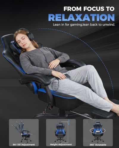 GTPLAYER Big and Tall Gaming Chair with Footrest, Ergonomic Office Desk Chair with 4.4in Thick Cushion and Wide Wingless Seat, Comfortable Leather Computer Chair, Predator Series, Blue Gradient