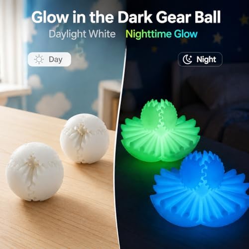 2PCS Glow in the Dark Gear Ball Fidget Toys Steampunk Gear Sphere Stress Relief for Kids Adults 3D Printed Unique Gifts Christmas White Elephant Stocking Stuffer Easter (Glow Set,Dia.2.5")