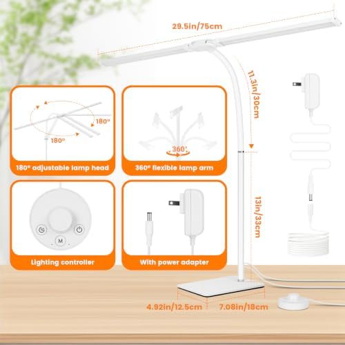 Desk Lamp for Home Office,Adjustable Double Head Desk Light with Base White