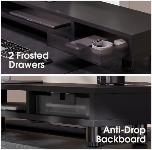 Fenge Dual Monitor Riser with 2 Drawers, 42.5in Long Desk Shelf, Black