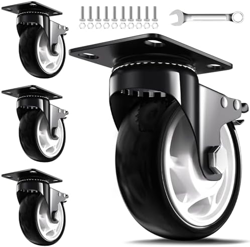 QNCZ 5 Inch Caster Wheel with Dual Brake, Heavy Duty, Silent, Set of 4