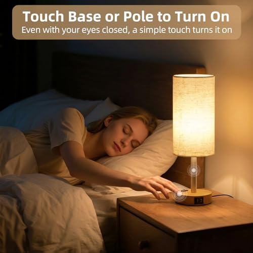 2PCS Table Lamp for Bedroom, Dimmable Touch, AC Outlet, USB A+C