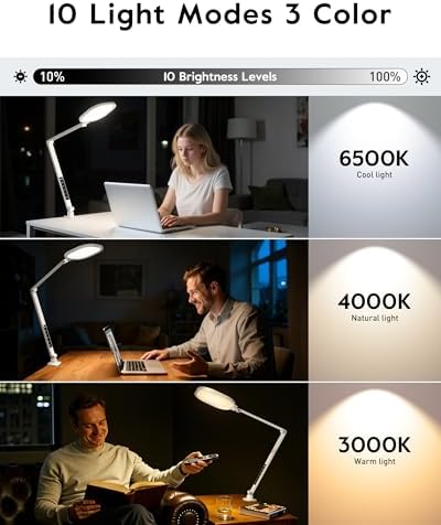 LitONES Led Desk Lamp with Clamp, 2000LM Dimmable Home Office Desktop Light, 3000k-6500k Adjustable Swing Arm Ring Light for Video Conference, Study, Reading, Zoom Calls, Streaming (White)