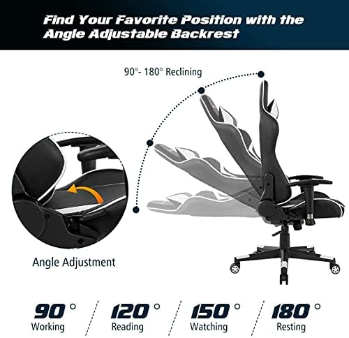 Massage Gaming Chair, High Back Office Computer Chair with Headrest and Lumbar Support, Racing Style Reclining Swiveling Game Chair for Home Office (White)