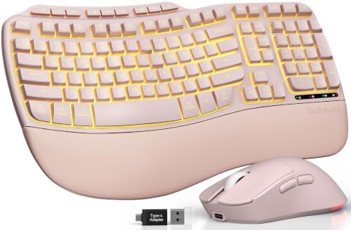 SABLUTE Pink Ergonomic Wireless Keyboard and Mouse Combo, Rechargeable 4000mAh Backlit Keyboard with Soft Faux Lambskin Palm Rest, Wave Keys for Natural Typing, Compatible with Windows/Mac/Chrome OS
