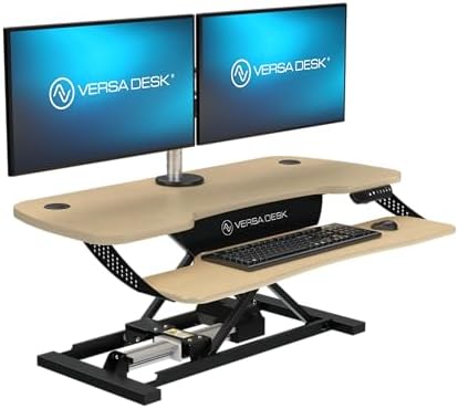 VERSADESK PowerPro Elite 40” x 24" – App Controlled Wide Electric Standing Desk Converter w/USB Charging Port. Raises up to 20”. Fully Assembled – Includes LED Lights. Supports 80 lbs. – Maple