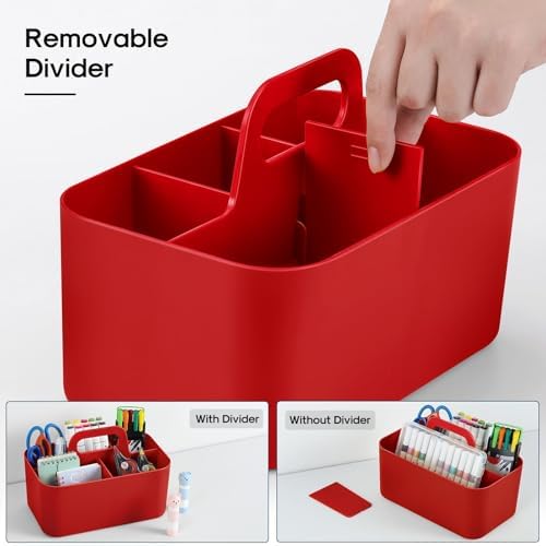Multiuse Caddy Organizer with Handle, Portable Divided Plastic Tote Bin - Art Craft, Stationary Pen Marker Crayons, Makeup Hair Supplies Storage - Bathroom, Classroom, Dorm, Office, Desk Holder - Red