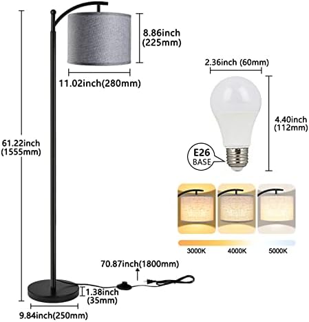 ROTTOGOON Floor Lamp with 3CCT LED Bulb, Gray Linen Lamp Shade for Living Room, Modern Standing Lamp for Bedrooms - Black