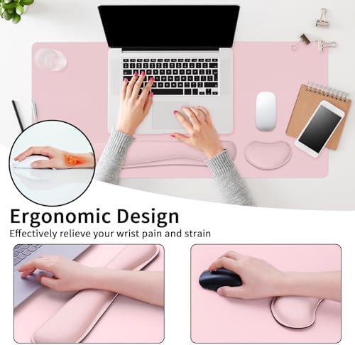 Desk Mat Set， Wrist Rest for Computer Keyboard, 3-in-1 Large Mouse Pad and Keyboard Wrist Rest Set, Non-Slip Desk Mat Protector for Office, Home(27.5×13.8 Inches, Pink)