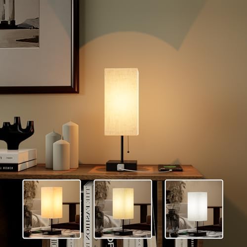 YIDPU Table Lamp for Bedroom,Nightstand Lamp for Bedside with AC Outlets,Adjustable 3color LED Light Desk Lamp for Home Decor,Included Bulb and Lamp Shade (Linen White-onlyAC, 1PCS)