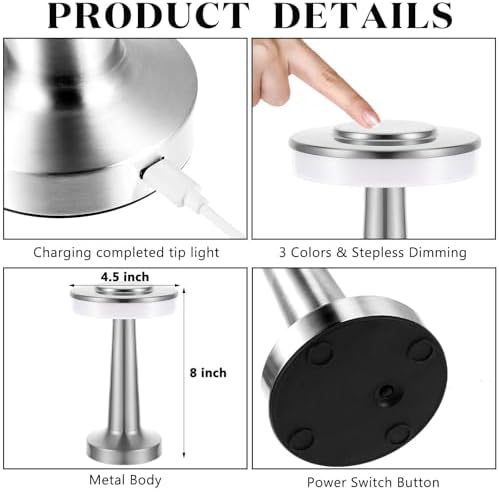 Riakrum 2 Pcs LED Cordless Table Lamp Bulk Rechargeable,Silver