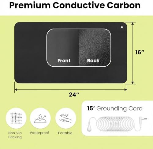 Grounding Mat, 24" x 16" Conductive Carbon Ground Pad with 15 Foot Cord, Non-Slip Rubber Backing, Portable Indoor Grounding for Desk, Floor, Home, Office, Wellness Routine