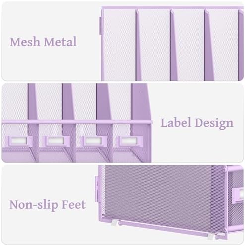 SUPEASY Desk Organizers Metal Desk Magazine File Holder with 5 Vertical Compartments Rack File Organizer for Office Desktop, Classroom, Home Workspace, Purple