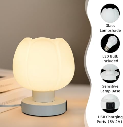 Touch Bedside Lamp wtih USB C+A Charging Ports,Tulip Flower Lamp