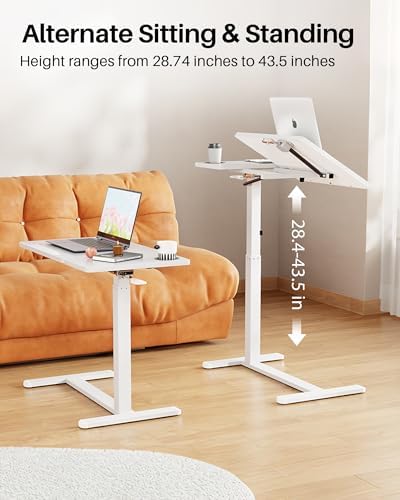 Overbed Table with Wheels, Pneumatic Lift, Foldable Top (White)