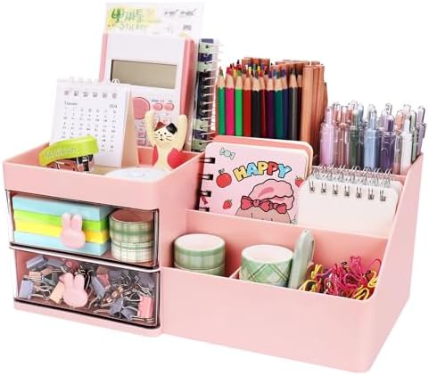 Meiikun Desk Organizer, Makeup Organizer with 2 Drawers, 7 Compartment & a Top Tray, Desktop Organizers and Storage for Women, Cute Home organization Bathroom, 11" x 5.7" x 4.7" (Pink)